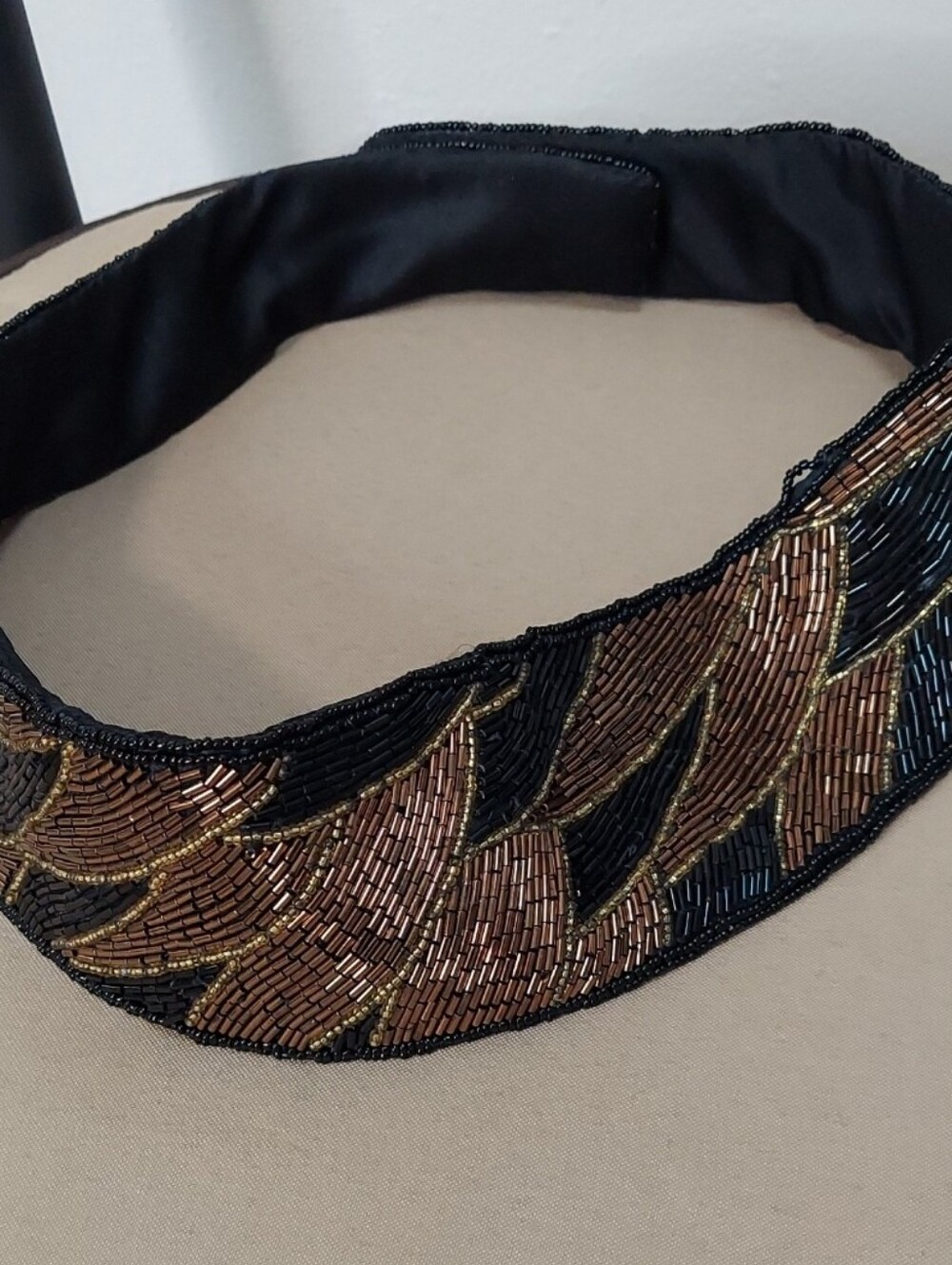 Bonwit Teller Vintage Belt, Beaded, Black and Bronze, 30"-32" Silk Back